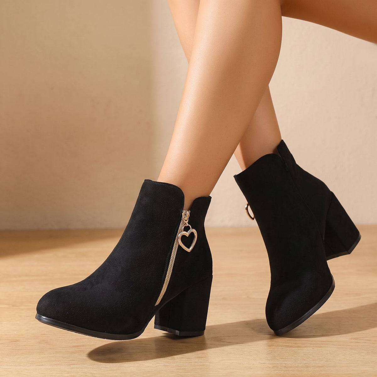 Women's Chunky-Heel Suede Boots with Heart-Shaped Zip Charm