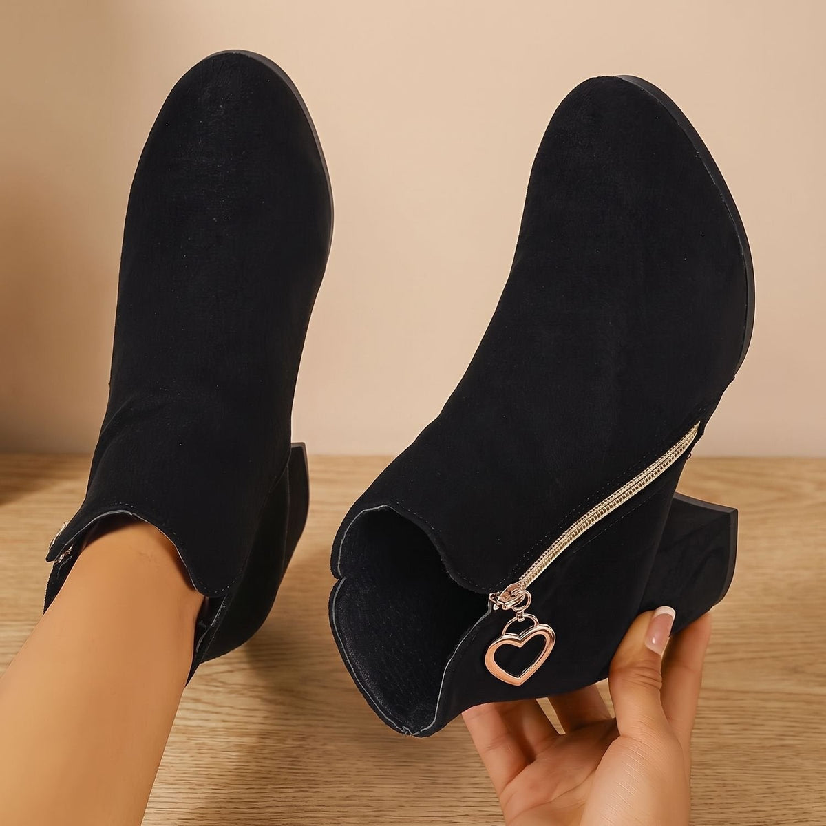 Women's Chunky-Heel Suede Boots with Heart-Shaped Zip Charm