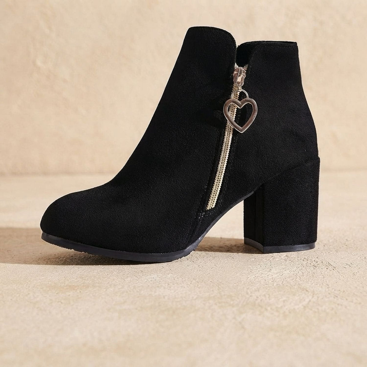 Women's Chunky-Heel Suede Boots with Heart-Shaped Zip Charm