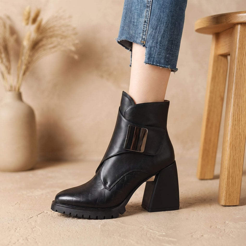 Women's Buckled Chelsea Ankle Boots on a Treaded Platform Sole - Black