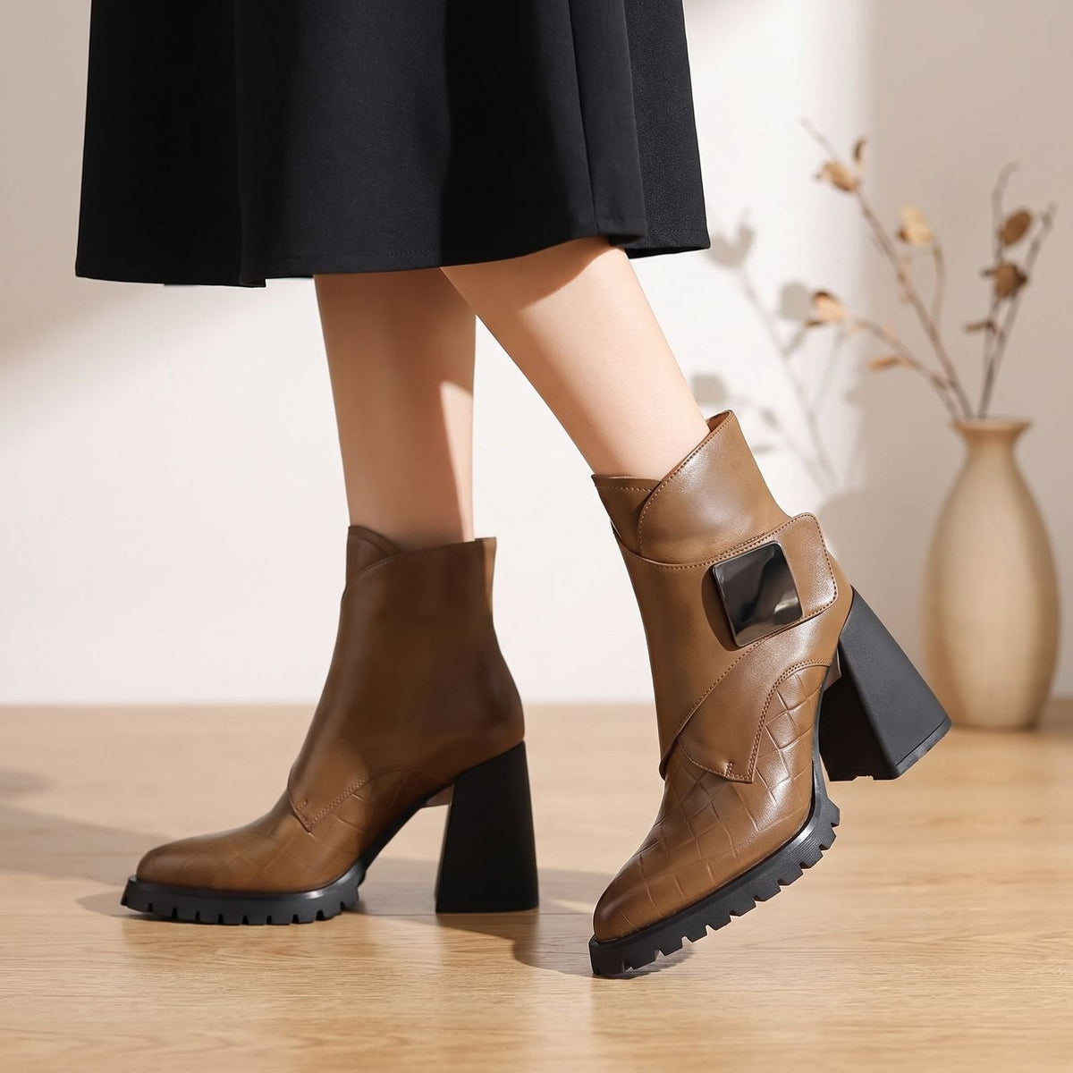 Women's Buckled Chelsea Ankle Boots on a Treaded Platform Sole - Khaki