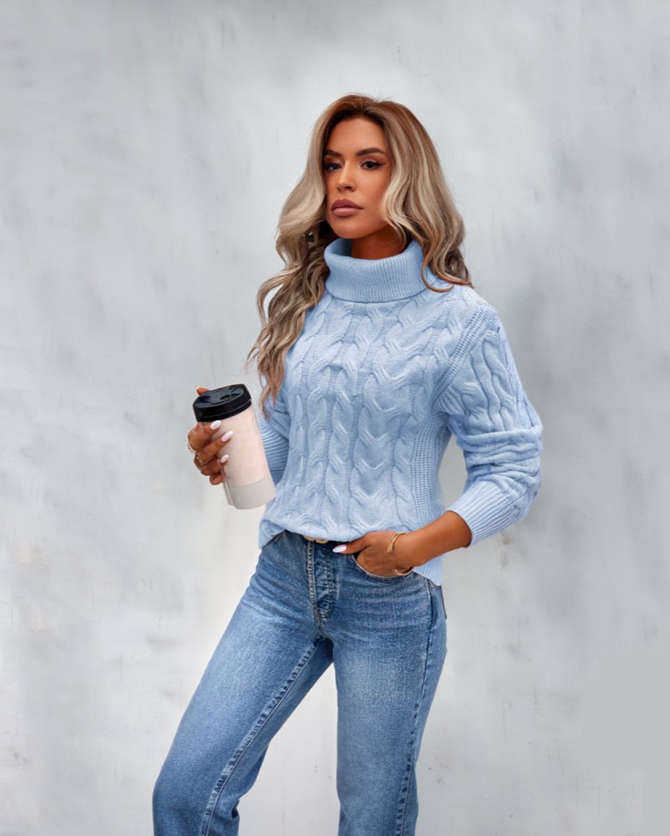 Women's Bold Chunky Cable Jumper with Ribbed Polo Neck - Blue