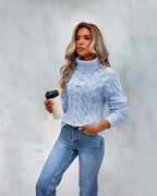 Women's Bold Chunky Cable Jumper with Ribbed Polo Neck - Blue