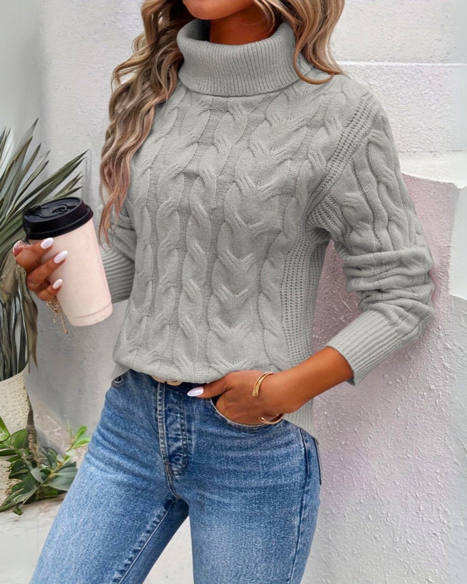 Women's Bold Chunky Cable Jumper with Ribbed Polo Neck - Grey