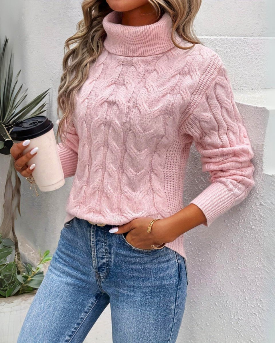 Women's Bold Chunky Cable Jumper with Ribbed Polo Neck - Pink