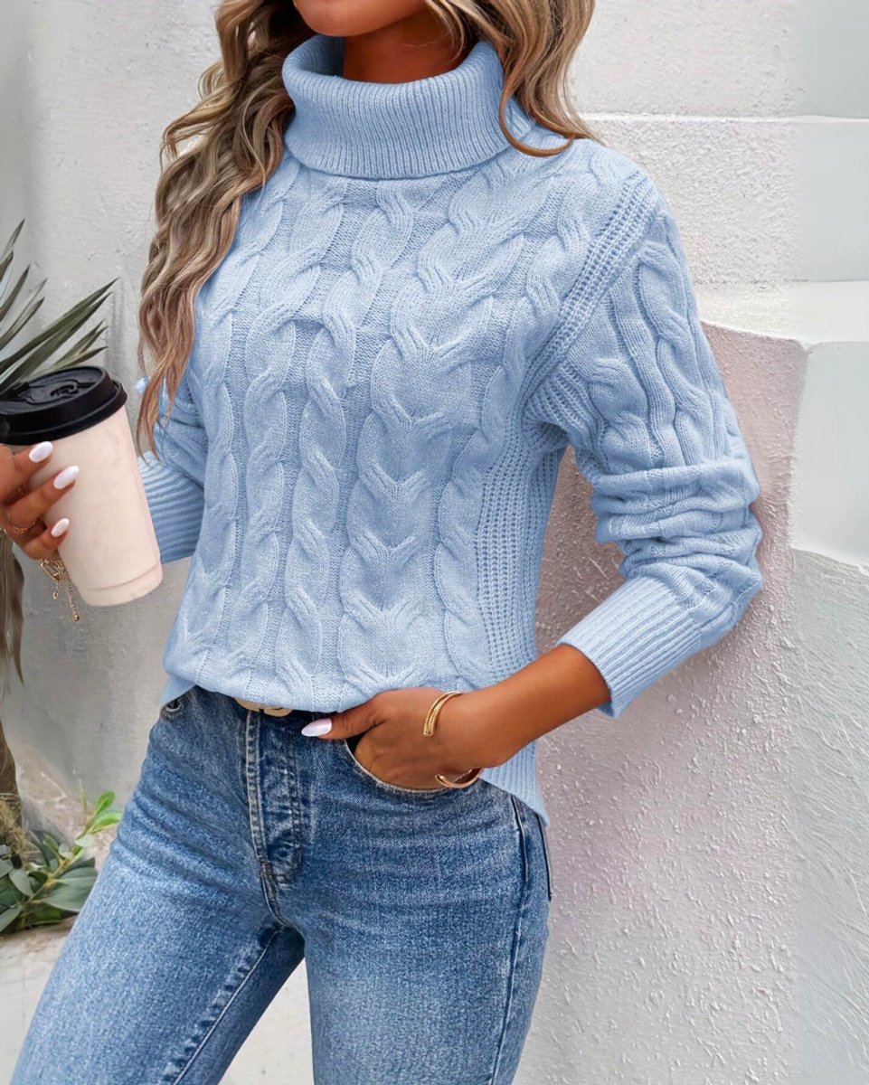 Women's Bold Chunky Cable Jumper with Ribbed Polo Neck