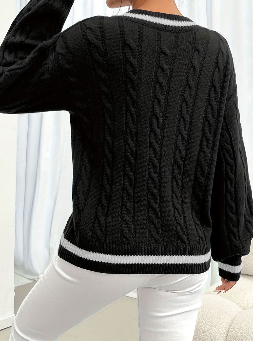 Women's Stripe-Edged V-Neck Cable-Knit Jumper