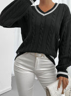 Women's Stripe-Edged V-Neck Cable-Knit Jumper