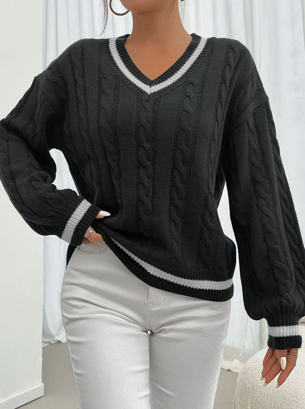 Women's Stripe-Edged V-Neck Cable-Knit Jumper