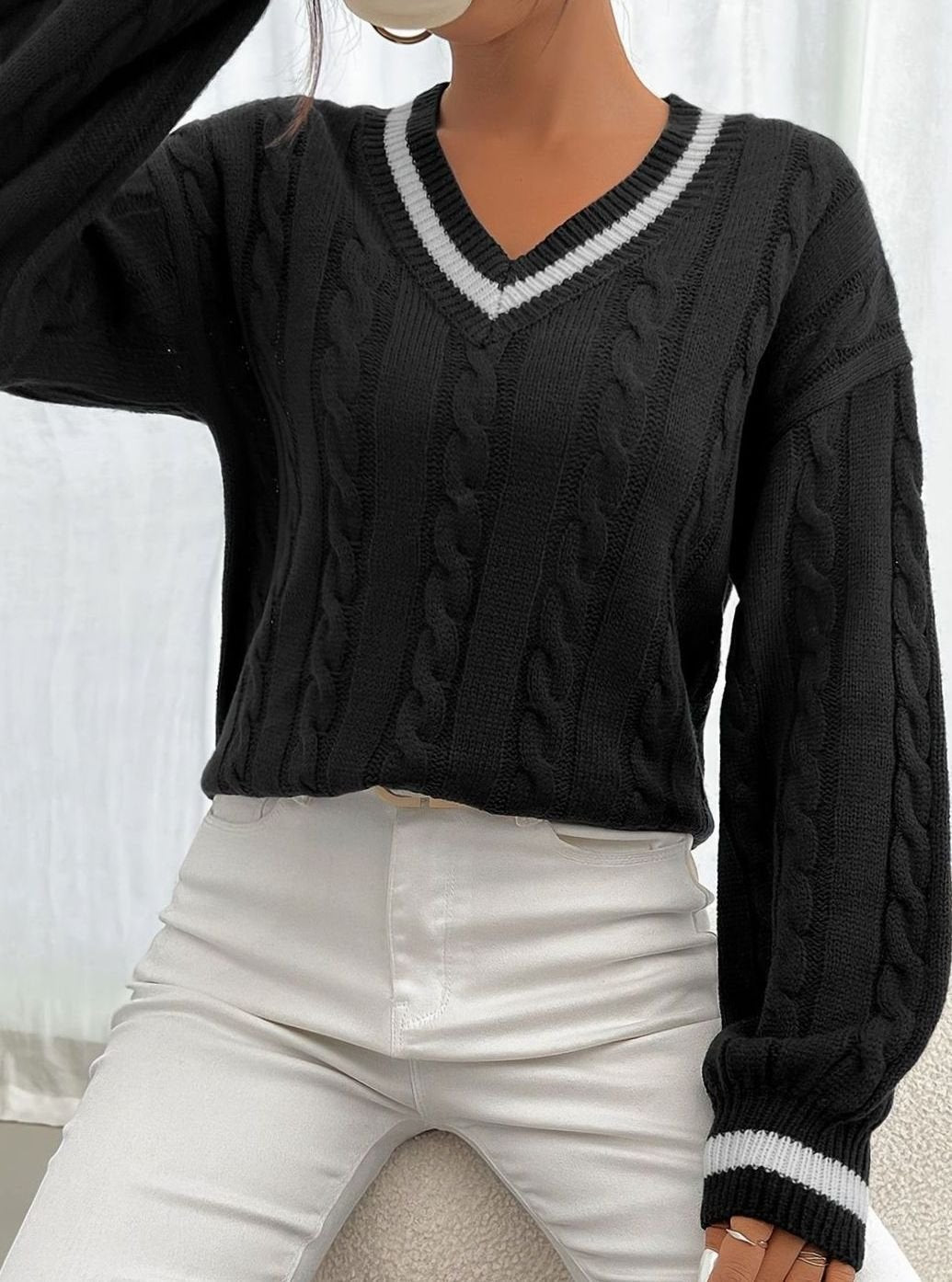 Women's Stripe-Edged V-Neck Cable-Knit Jumper
