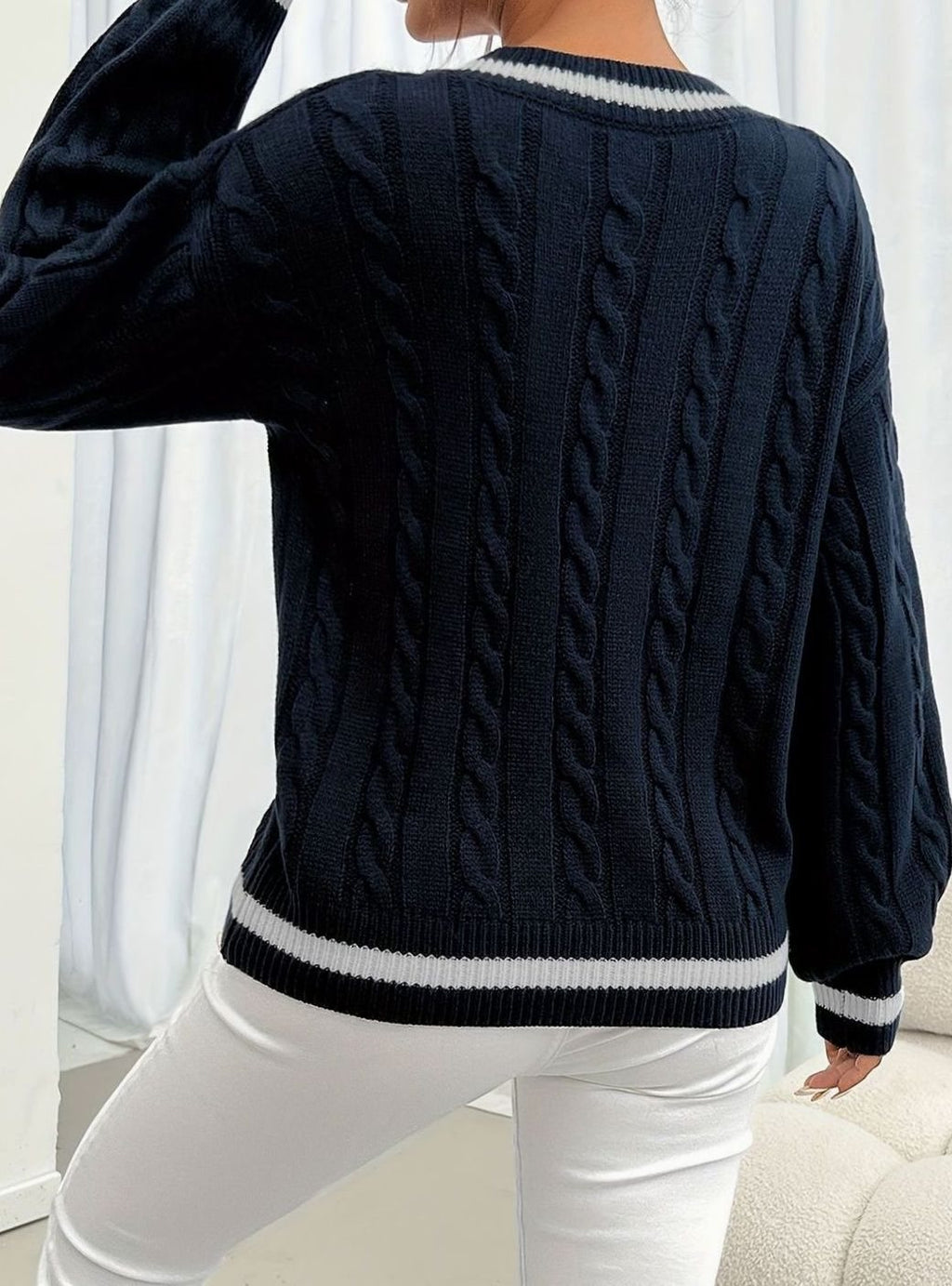 Women's Stripe-Edged V-Neck Cable-Knit Jumper