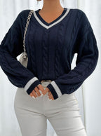 Women's Stripe-Edged V-Neck Cable-Knit Jumper