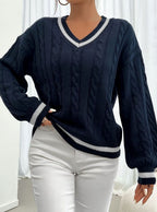 Women's Stripe-Edged V-Neck Cable-Knit Jumper