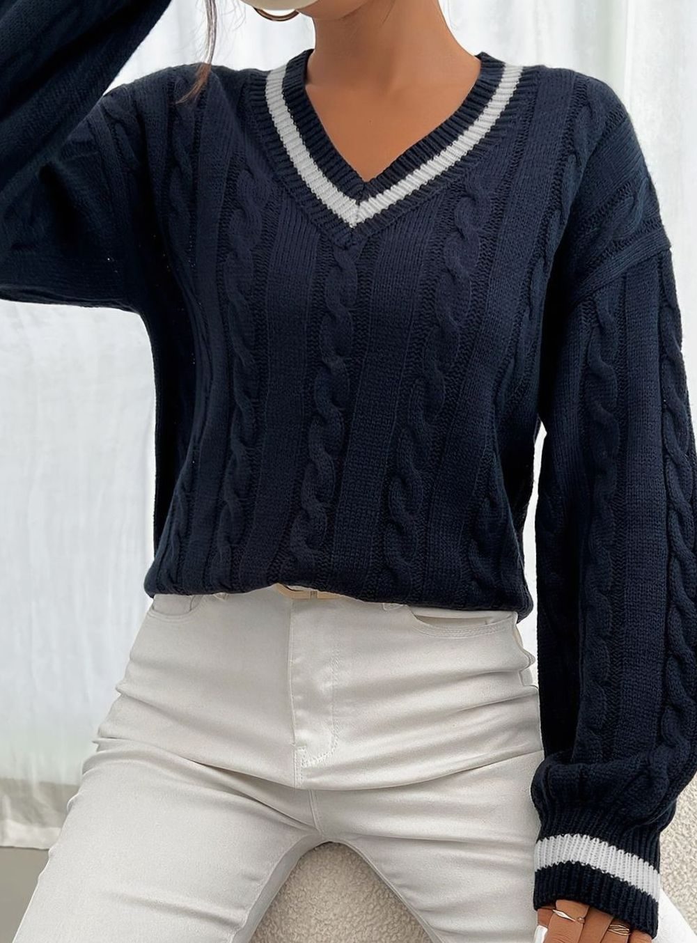 Women's Stripe-Edged V-Neck Cable-Knit Jumper