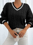 Women's Stripe-Edged V-Neck Cable-Knit Jumper
