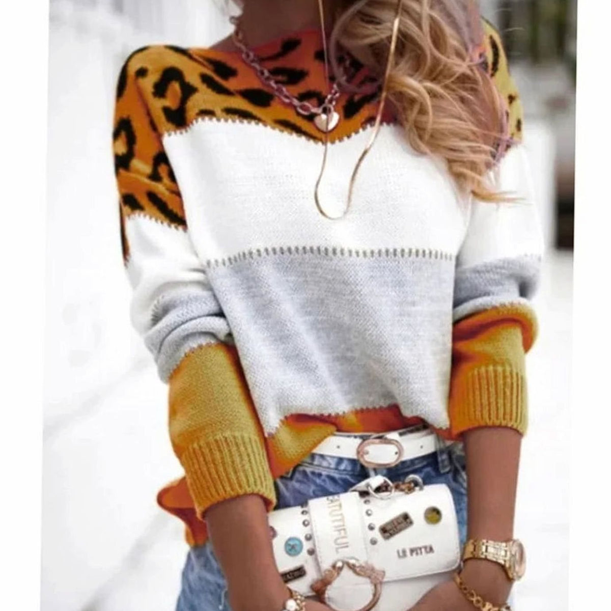 Women's Striped Polo Neck Jumper with Leopard Print Yoke - Yellow