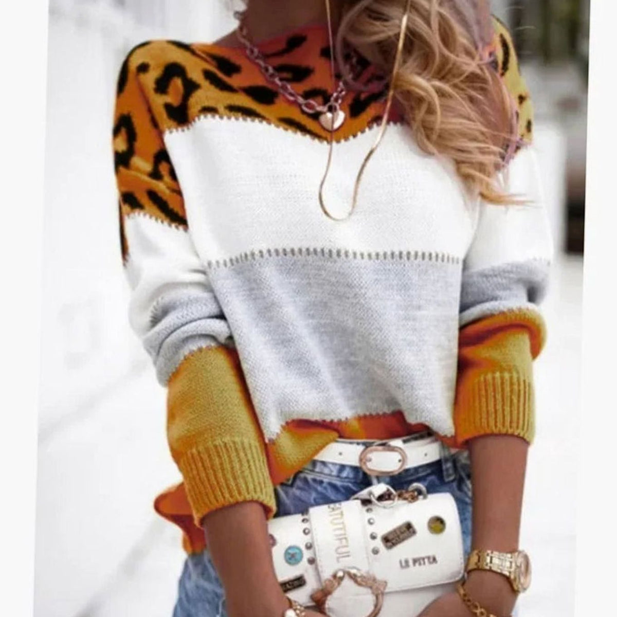 Women's Striped Polo Neck Jumper with Leopard Print Yoke