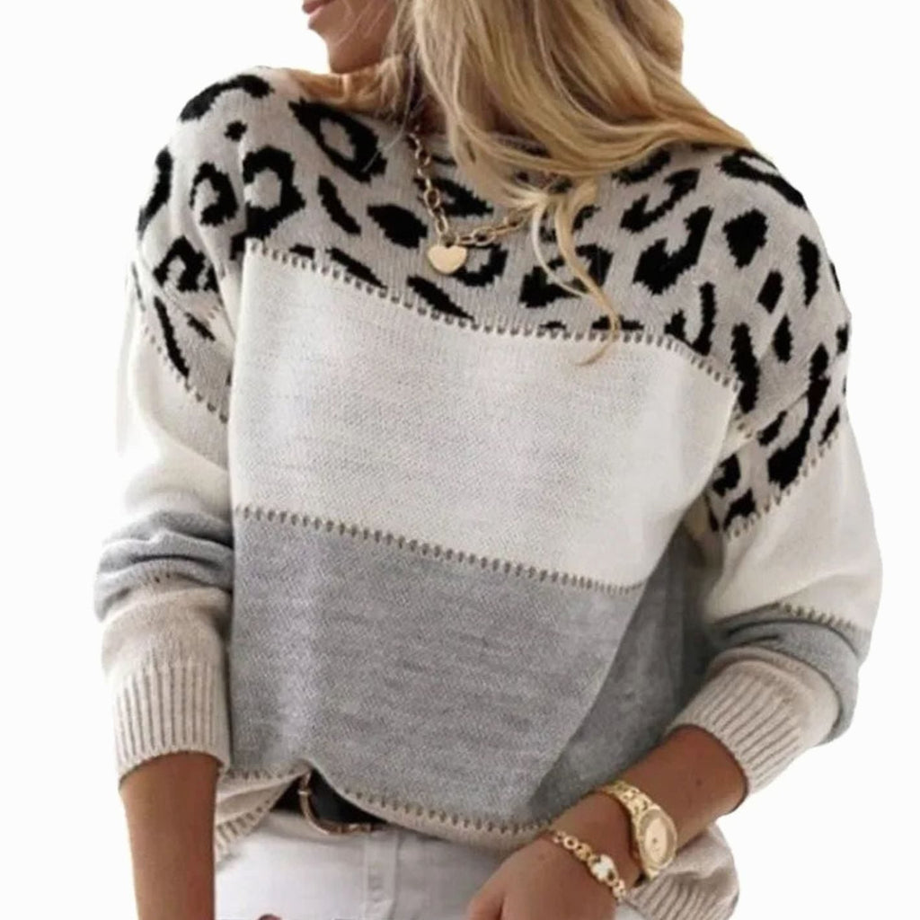Women's Striped Polo Neck Jumper with Leopard Print Yoke