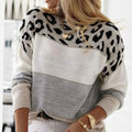 Women's Striped Polo Neck Jumper with Leopard Print Yoke - Grey