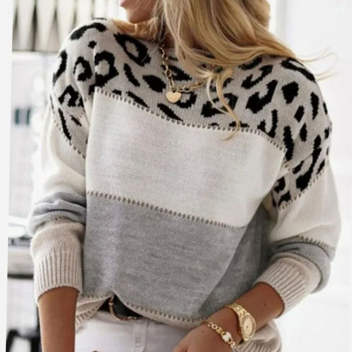 Women's Striped Polo Neck Jumper with Leopard Print Yoke - Grey