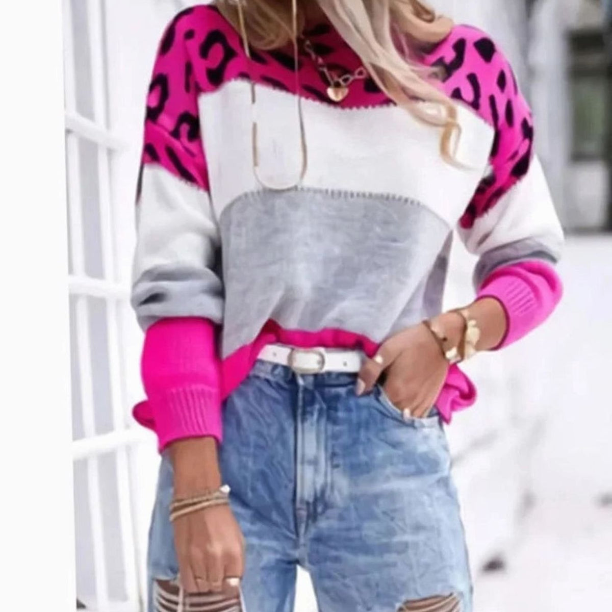 Women's Striped Polo Neck Jumper with Leopard Print Yoke - Pink Red