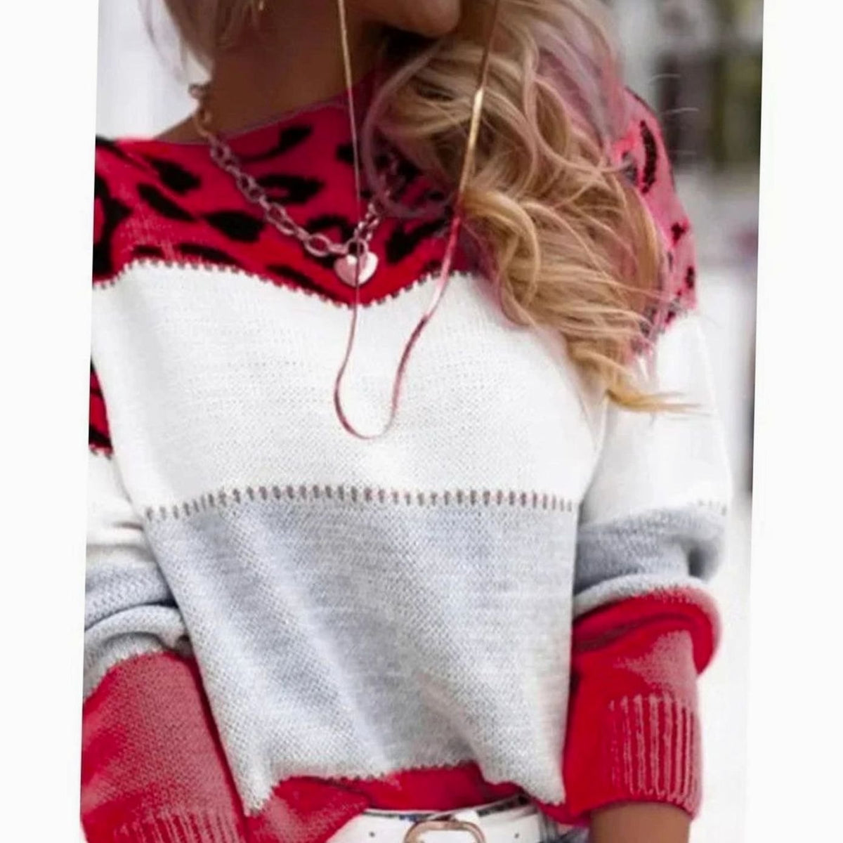 Women's Striped Polo Neck Jumper with Leopard Print Yoke - Red