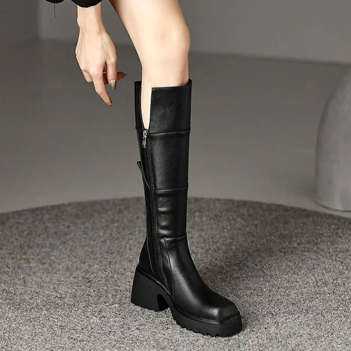 Women's Inner-Zip Knee-High Boots with Thick Platform and Block Heel - Black