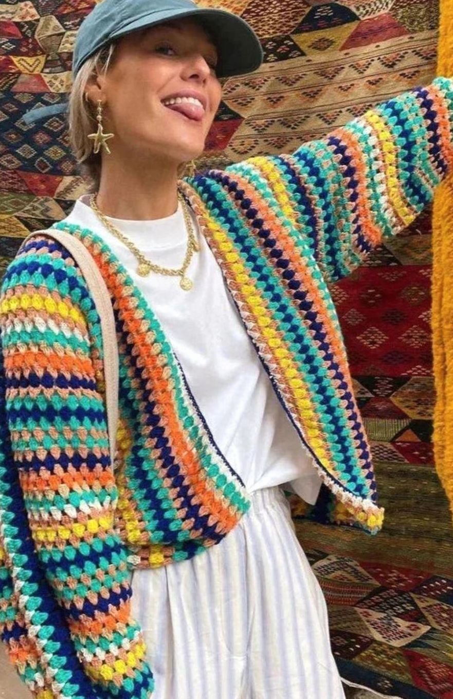 Women's Boho Crochet-Style Striped Open Cardigan - Rainbow Stripes