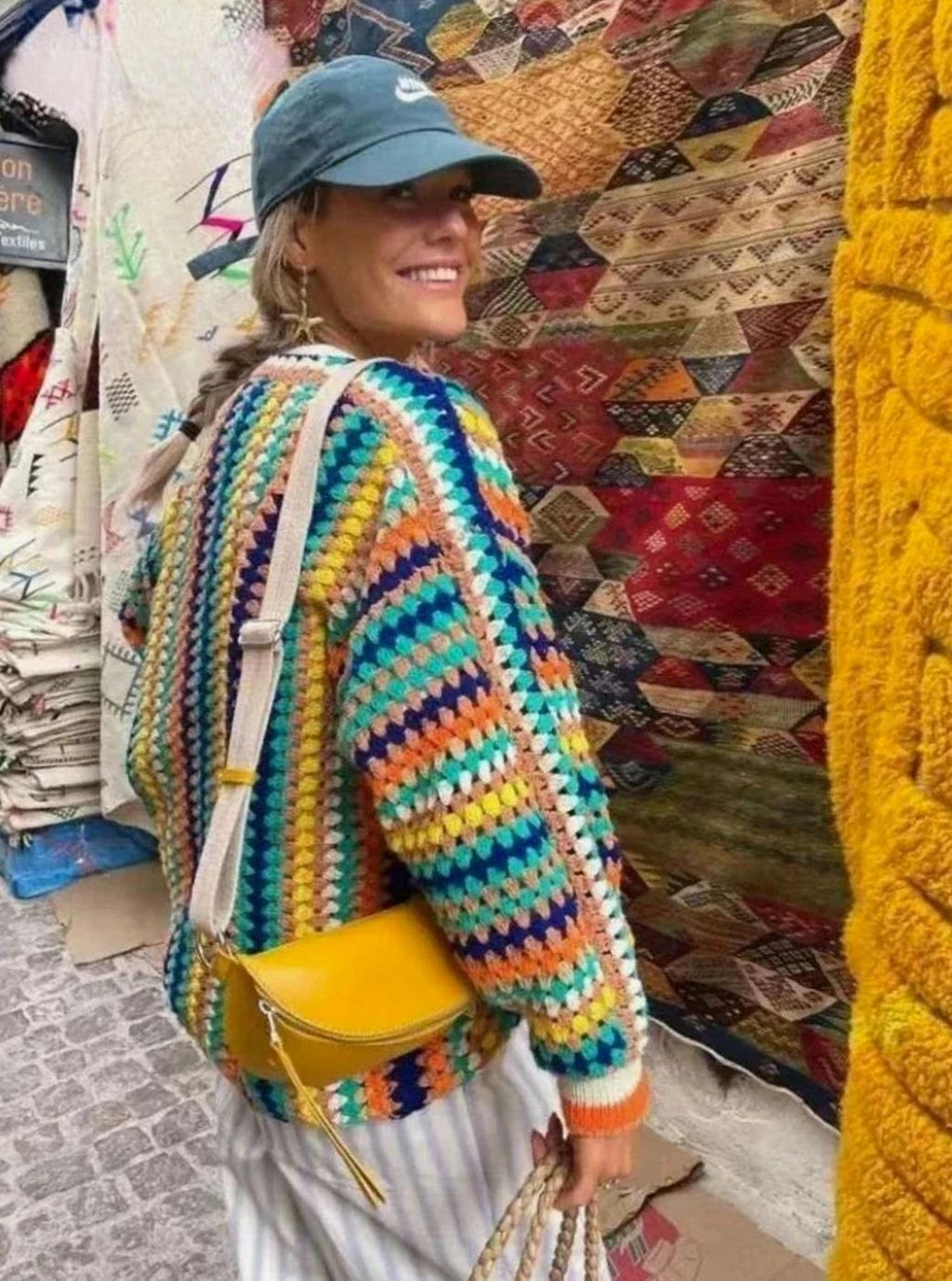 Women's Boho Crochet-Style Striped Open Cardigan