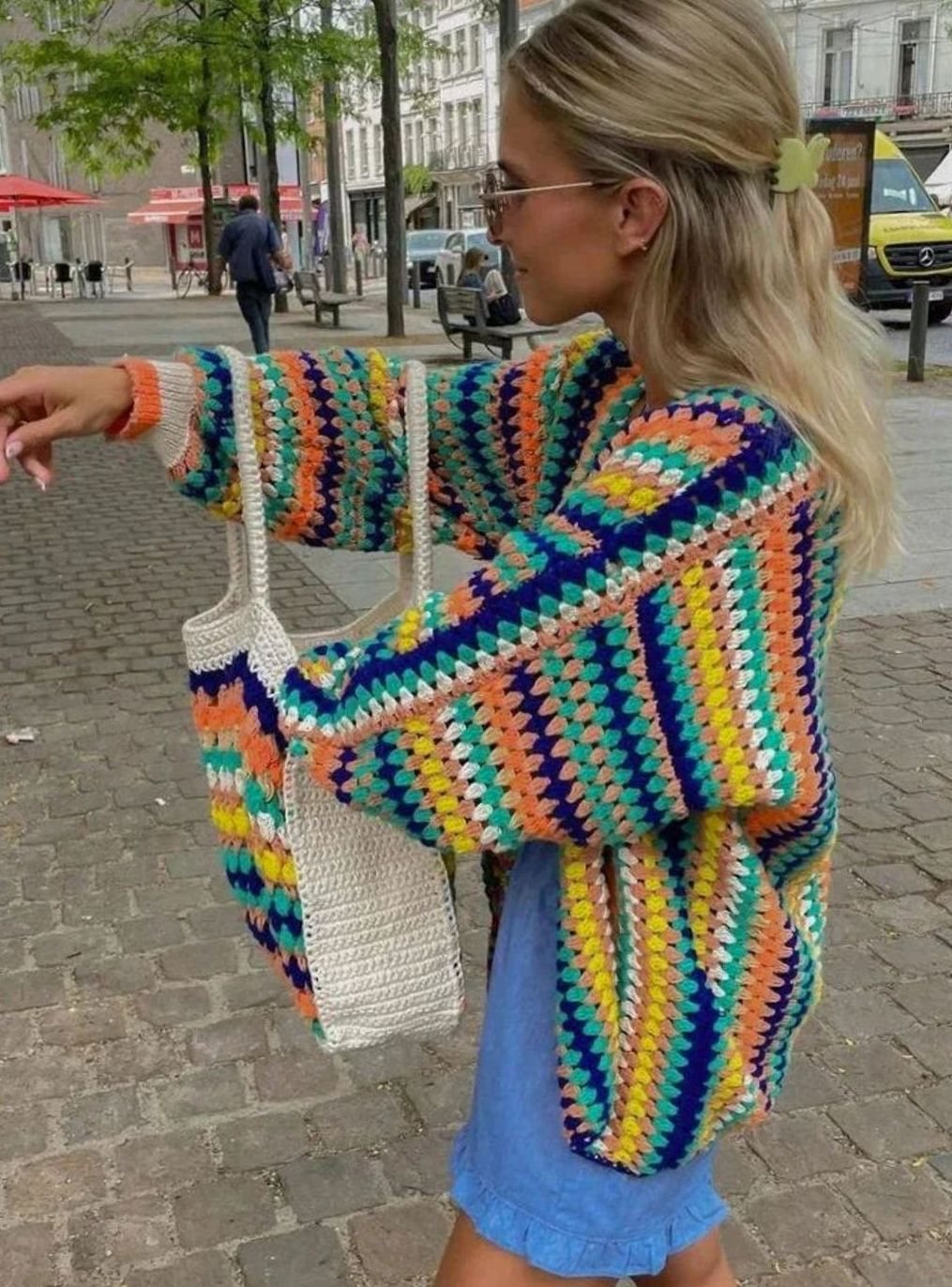 Women's Boho Crochet-Style Striped Open Cardigan