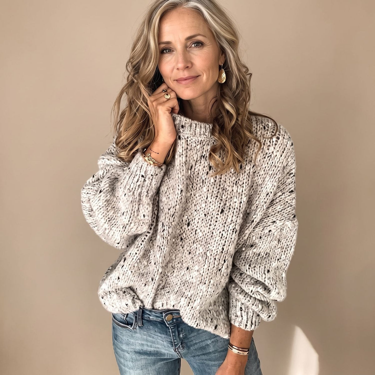Women's Chunky Open-Knit Jumper in Speckled Marl - Beige