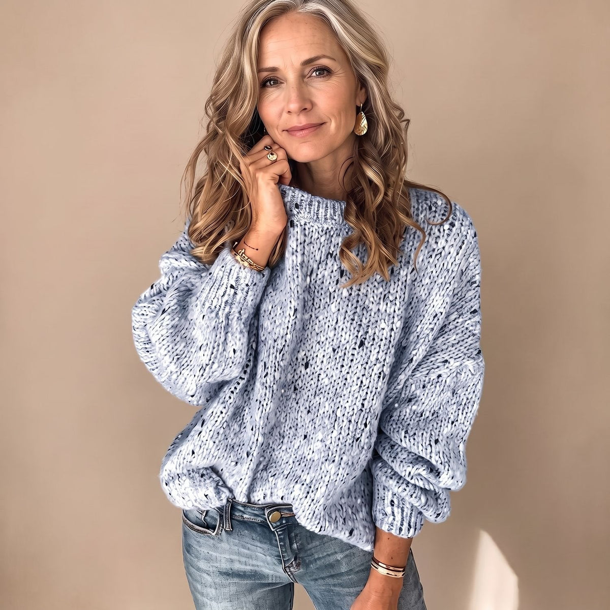 Women's Chunky Open-Knit Jumper in Speckled Marl - Blue