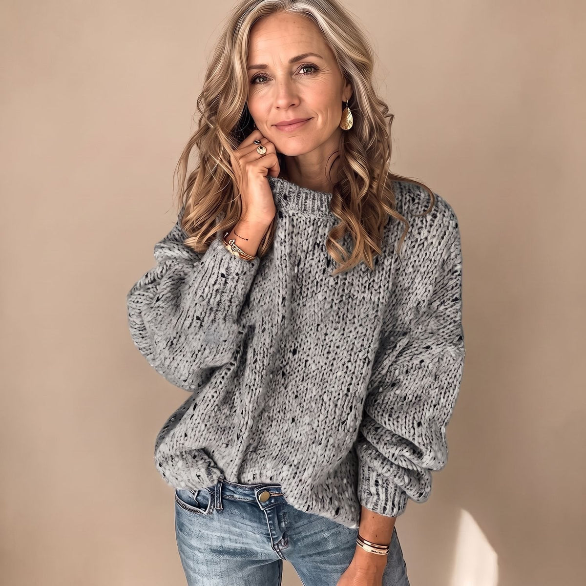 Women's Chunky Open-Knit Jumper in Speckled Marl - Grey