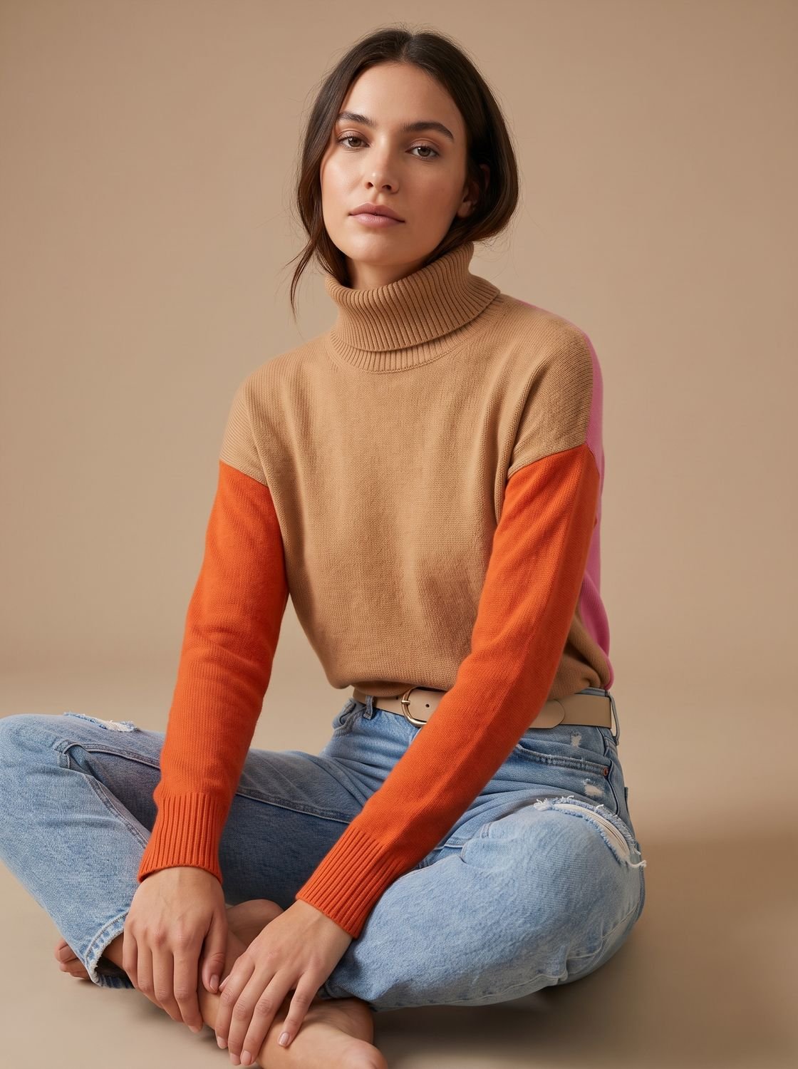 Women's Relaxed Rolled-Collar Jumper with Contrast Colour Panels