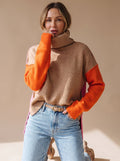 Women's Relaxed Rolled-Collar Jumper with Contrast Colour Panels