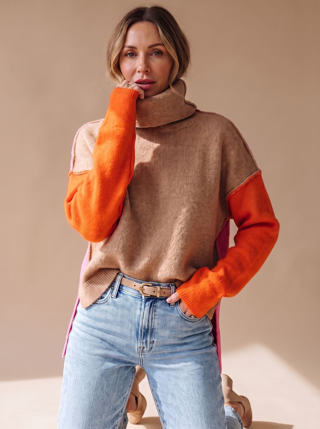 Women's Relaxed Rolled-Collar Jumper with Contrast Colour Panels