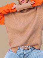 Women's Relaxed Rolled-Collar Jumper with Contrast Colour Panels