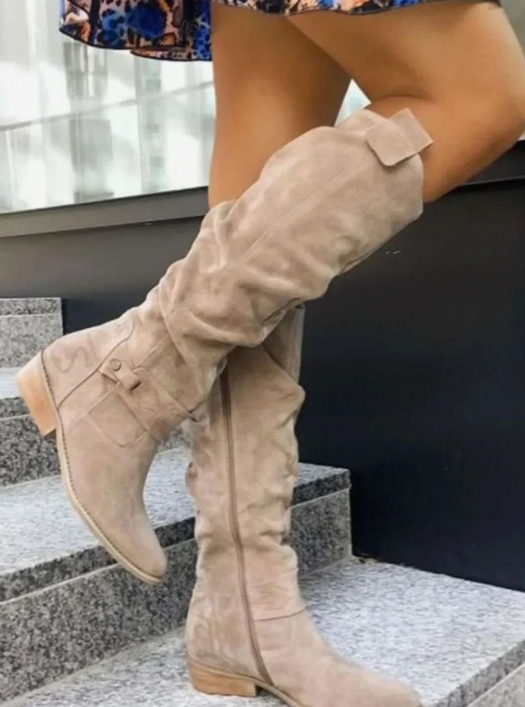 Women's Soft Slouch Tall Boots with Buckled Calf Strap and Side Zip - Light Brown