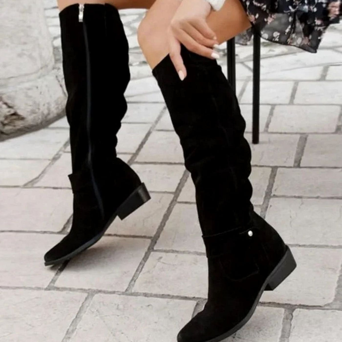 Women's Soft Slouch Tall Boots with Buckled Calf Strap and Side Zip - Black