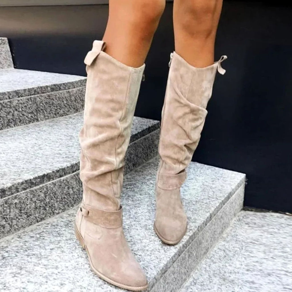 Women's Soft Slouch Tall Boots with Buckled Calf Strap and Side Zip
