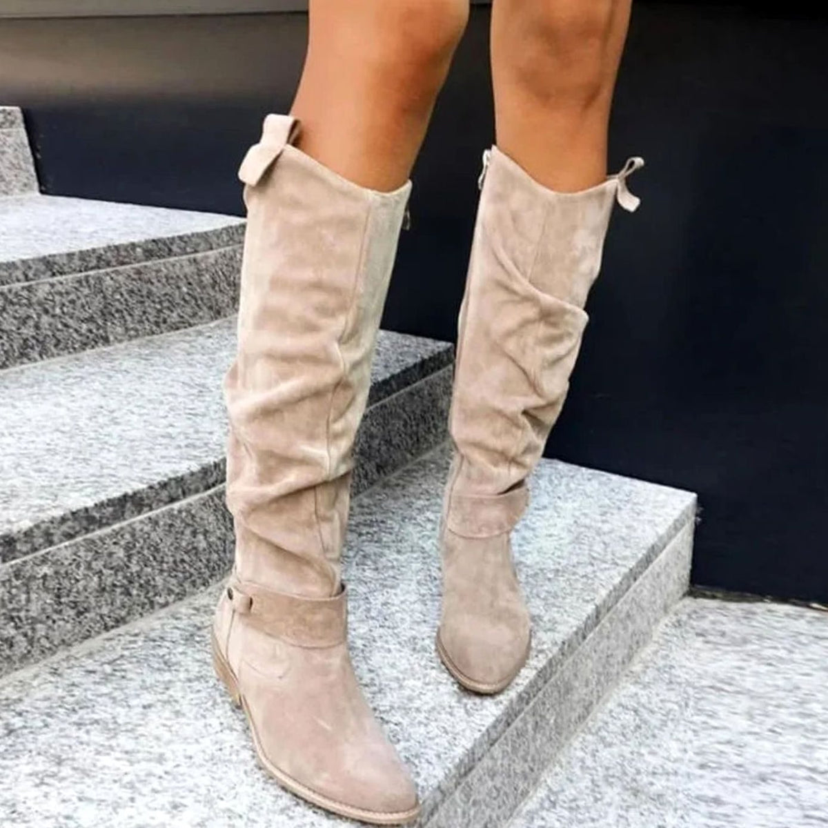 Women's Soft Slouch Tall Boots with Buckled Calf Strap and Side Zip