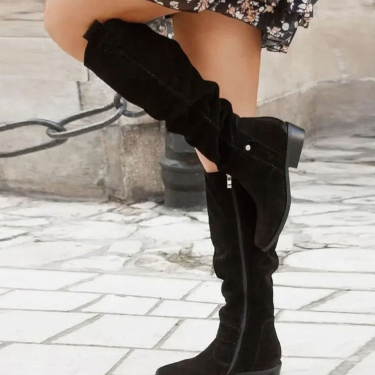 Women's Soft Slouch Tall Boots with Buckled Calf Strap and Side Zip