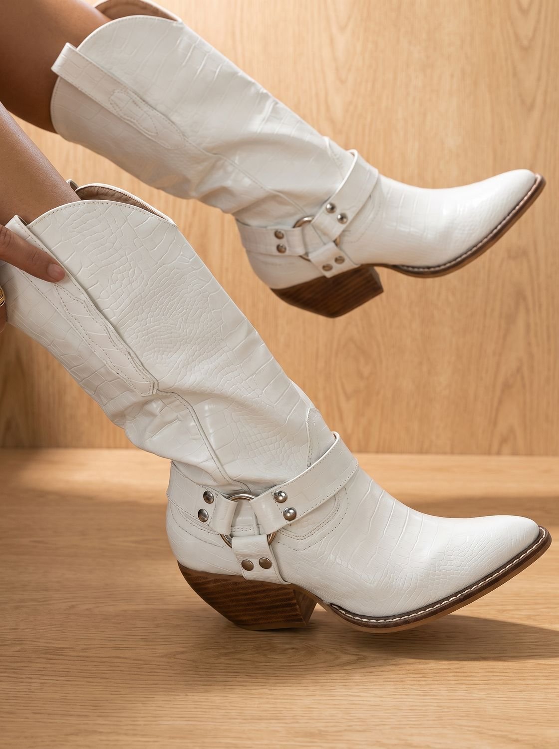 Women's Pull-On Cow Print Cowboy Boots with Harness Detail - White