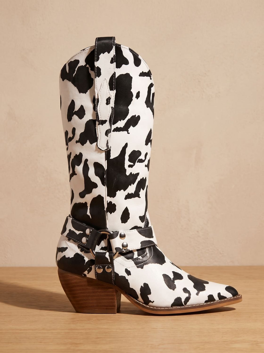 Women's Pull-On Cow Print Cowboy Boots with Harness Detail