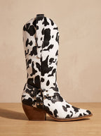 Women's Pull-On Cow Print Cowboy Boots with Harness Detail