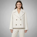 Women's Cropped Double-Breasted Blazer with Broad Lapels - Beige