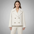 Women's Cropped Double-Breasted Blazer with Broad Lapels - Beige