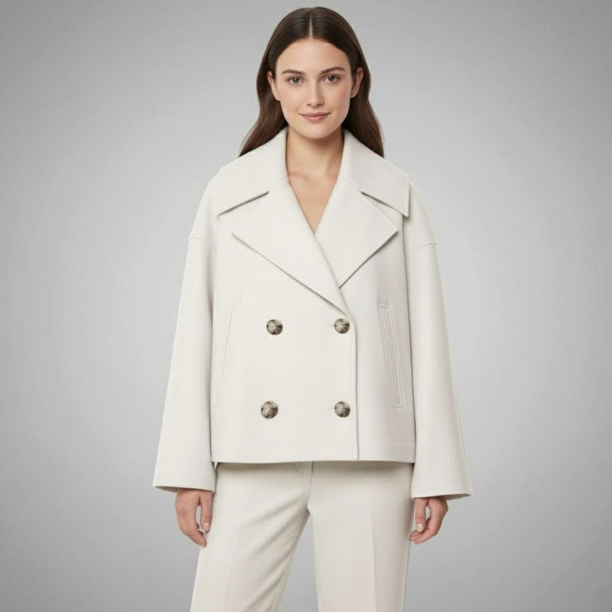 Women's Cropped Double-Breasted Blazer with Broad Lapels - Beige