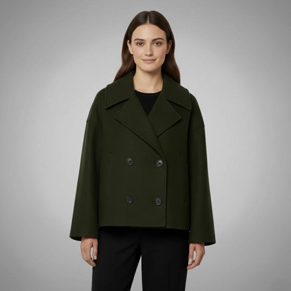Women's Cropped Double-Breasted Blazer with Broad Lapels - Green