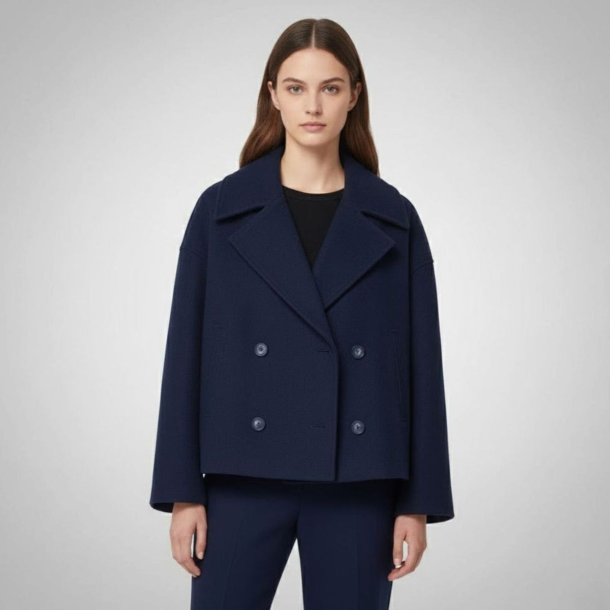 Women's Cropped Double-Breasted Blazer with Broad Lapels - Navy Blue